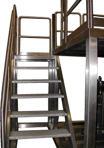 Custom stainless steel fabrication of racks, stairs, handrails, mezanine, platforms.